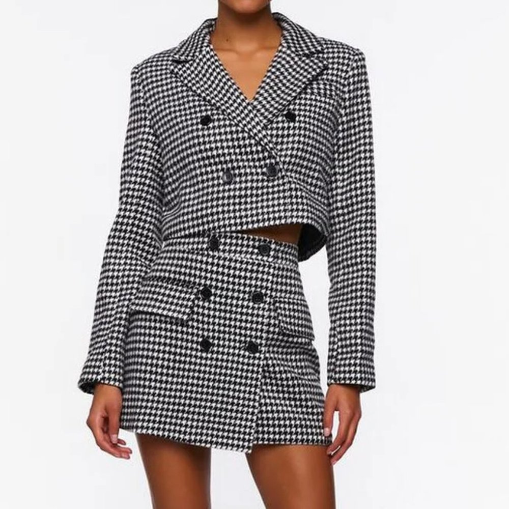 Houndstooth Double-Breasted Blazer & Mini Skirt